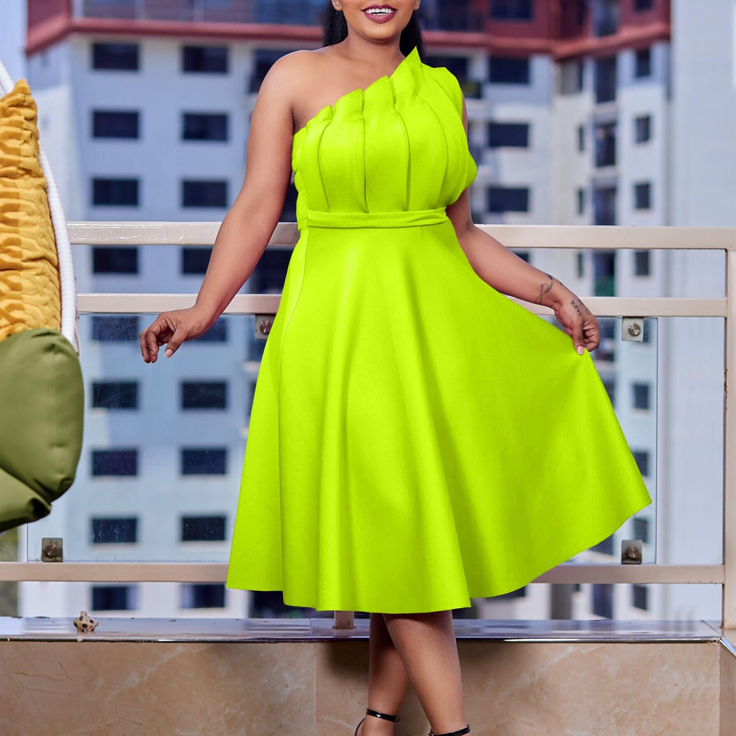 Plus Size Women'S Elegant Solid Color High Waist Pleated Off-Shoulder Party Dress