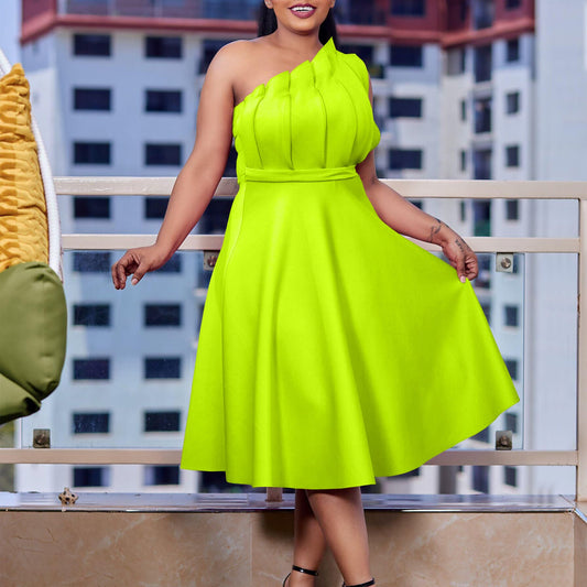 Plus Size Women'S Elegant Solid Color High Waist Pleated Off-Shoulder Party Dress
