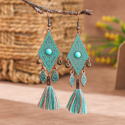 Vintage Handmade Geometric Long Tassel Earrings with Turquoise Accents