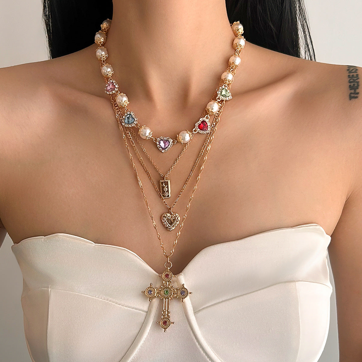 Personalized Rhinestone Cross Layered Necklace For Women