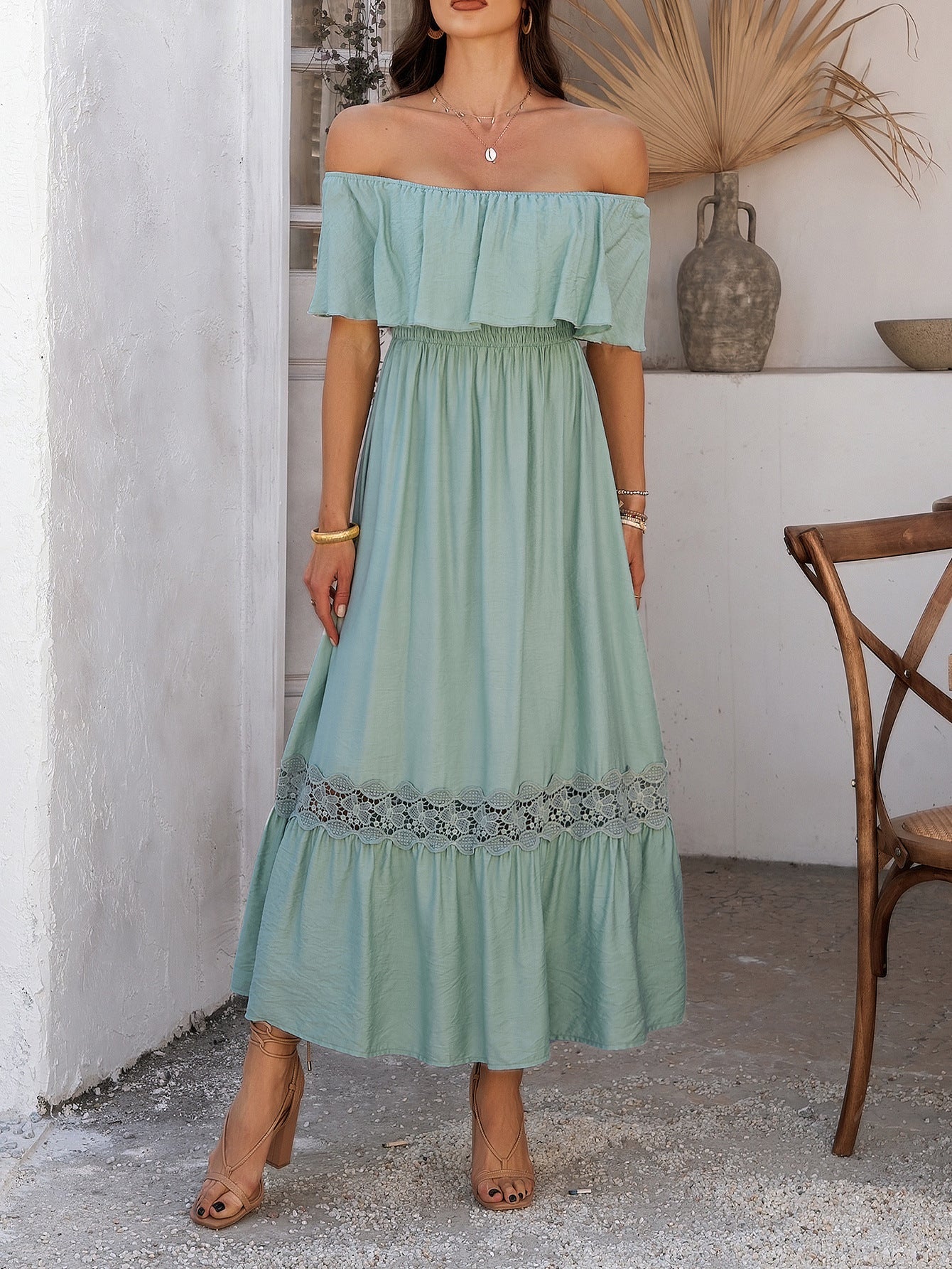 Off-Shoulder Waist-Defined Maxi Dress with Ruffle Sleeves