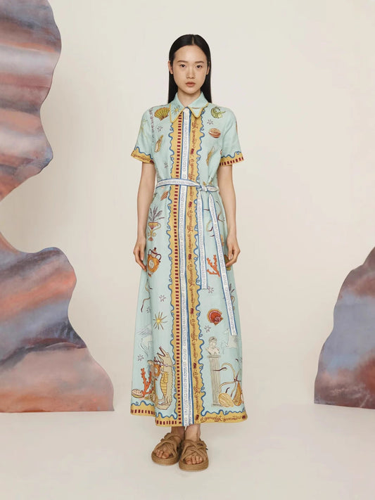 Casual Fashion Floral Printed Linen Dress with Lantern Sleeves