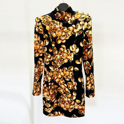Grape Print Velvet Dress Stylish Casual Bodycon Long Sleeve