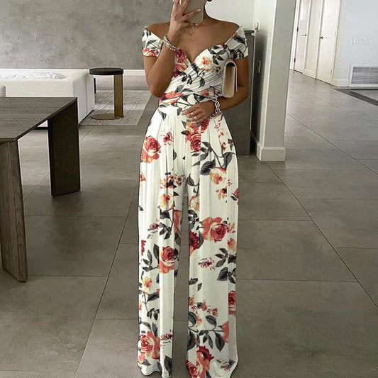 Elegant Off-Shoulder Floral Jumpsuit Stylish High-Waisted Pants