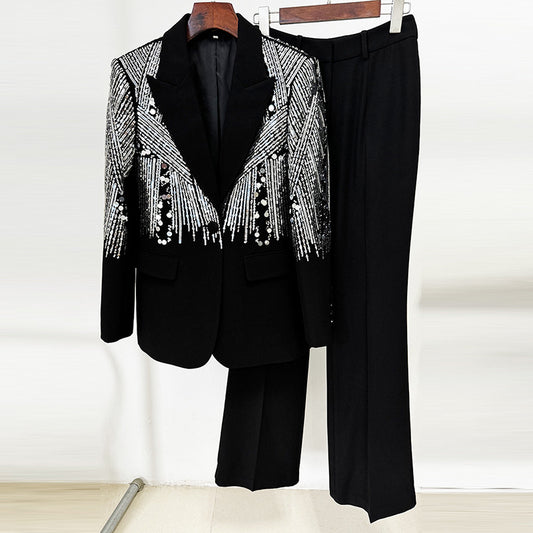 Beaded Sequin Suit Set Long Pants Elegant Street Style