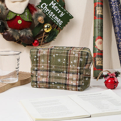 Vintage Christmas Plaid Snowflake Makeup Bag
