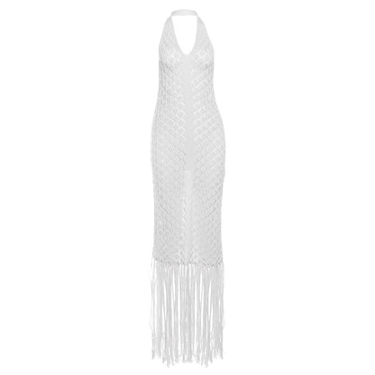 V Neck Backless Long Dress Chic Fringe Evening Dress