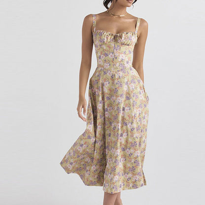 Floral Print Maxi Dress Gentle French Style Sleeveless Sundress