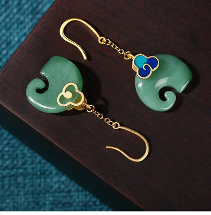 Gold-Plated Cold Enamel Xiangyun Elephant Imitation Hetian Jade Vintage Cheongsam Wind Earrings Earrings Earrings Jade Jewelry