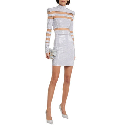 Fashionable Elegant Sequin Mesh Top And Skirt Outfit