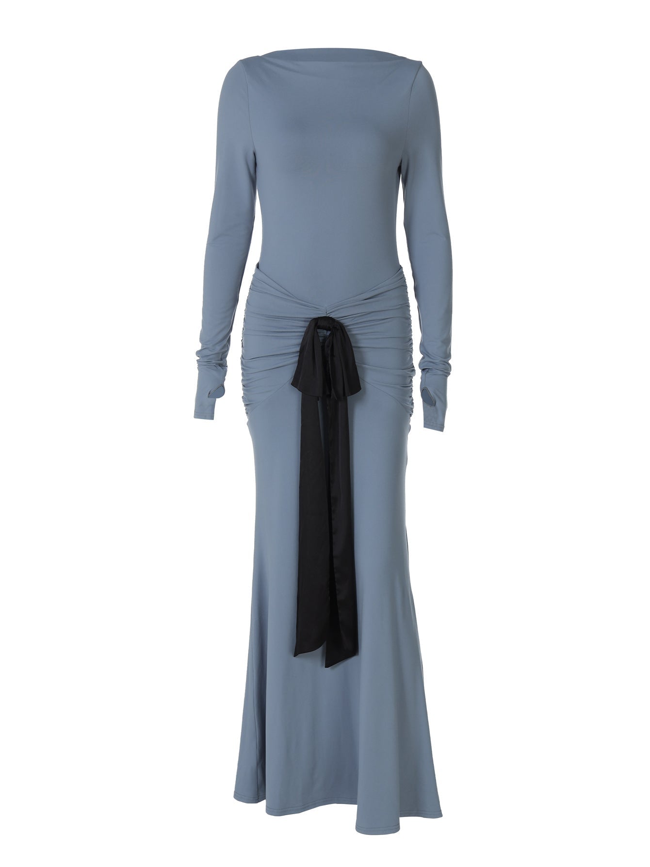 Fashionable Solid Color Long Sleeve Dress with Waist Tie