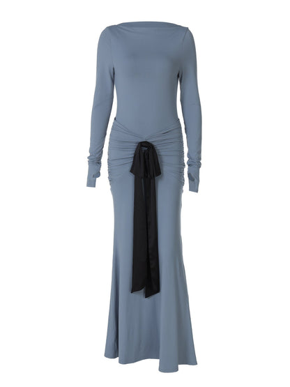 Fashionable Solid Color Long Sleeve Dress with Waist Tie