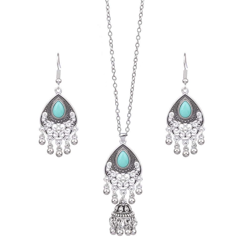 Bohemian Tassel Earrings and Necklace Set with Turquoise Accents