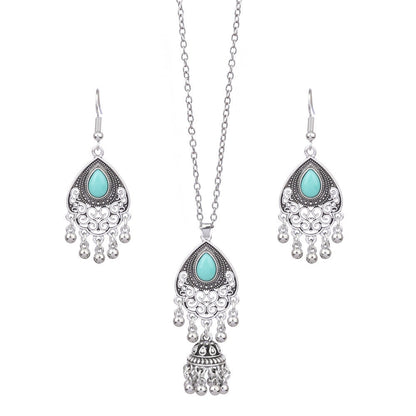 Bohemian Tassel Earrings and Necklace Set with Turquoise Accents