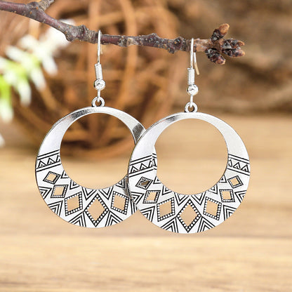 Geometric Cut-Out Vintage Metal Earrings Stylish Silver Jewelry