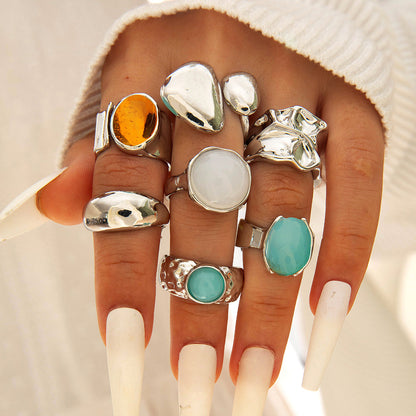 Retro Geometric Adjustable Ring Set With Gemstone Inlays