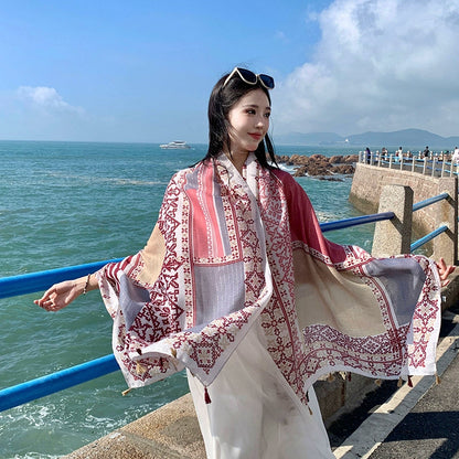 Fresh Green Ethnic Style Silk Scarf Women'S Summer Sunscreen Dual-Purpose Large Shawl Beach Towel Thin Cotton And Linen Scarf Yarn