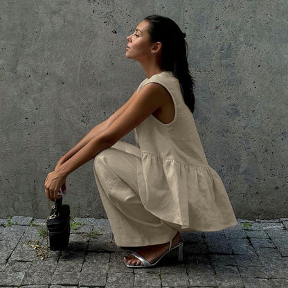 Cotton V-Neck Sleeveless Top and Long Pants Set for Women