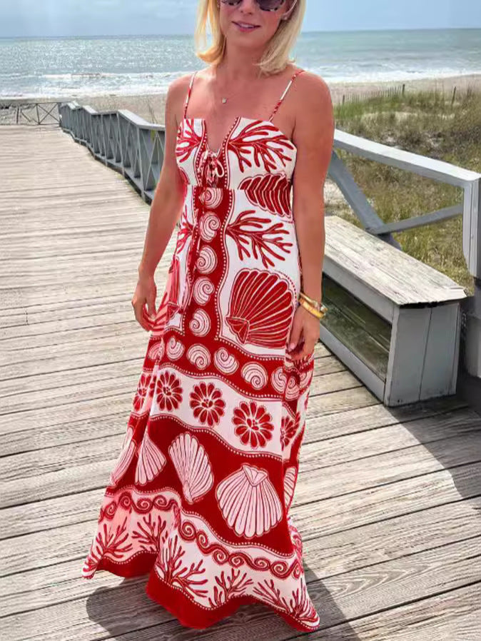 Elegant Floral Print Polyester Maxi Dress with V-Neck