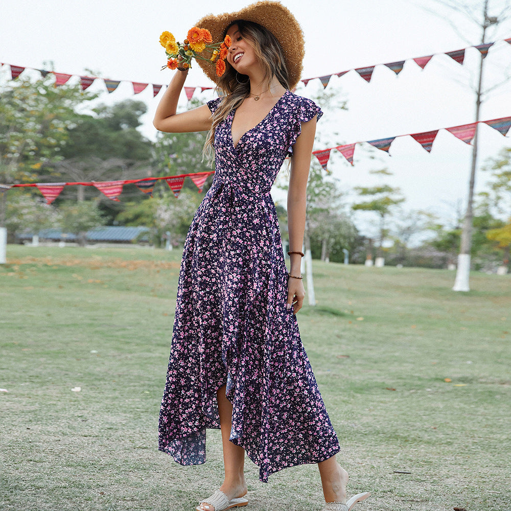 New Bohemian V-Neck Lace-Up Slim Fit Dress