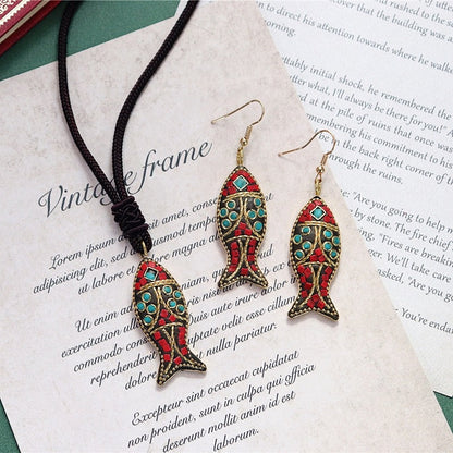 Minority Design Nepal Copper Fish Tibetan Handmade Necklace Men'S And Women'S Ethnic Style Retro Temperament Simple Earring Set