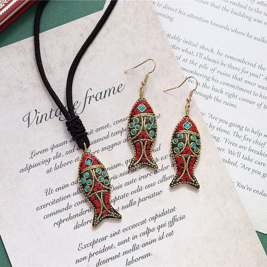 Minority Design Nepal Copper Fish Tibetan Handmade Necklace Men'S And Women'S Ethnic Style Retro Temperament Simple Earring Set