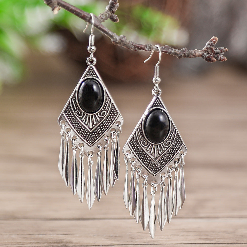 Diamond-Shaped Alloy Earrings with Turquoise Tassels for Women