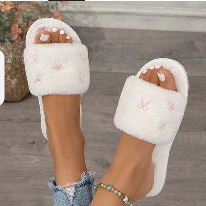 Bow Embroidered Plush Soft Slippers