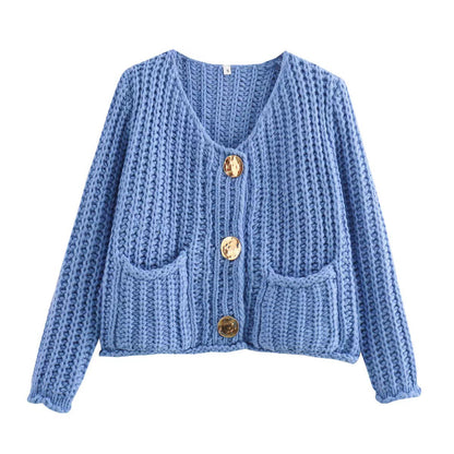 Chunky Knit V-Neck Button Down Crop Cardigan