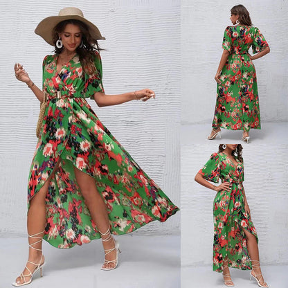 New Short-Sleeved V-Neck Pullover Irregular Beach Dress For Summer