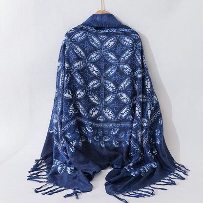 Retro Ethnic Scarf Women'S Spring And Autumn Imitation Blue Dyed Wild Literary Long Summer Sun Protection Holiday Shawl Scarf