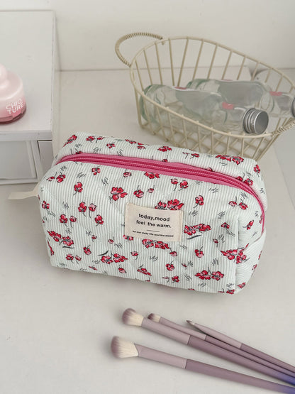 Floral Corduroy Makeup Bag Stylish Portable Toiletry Pouch