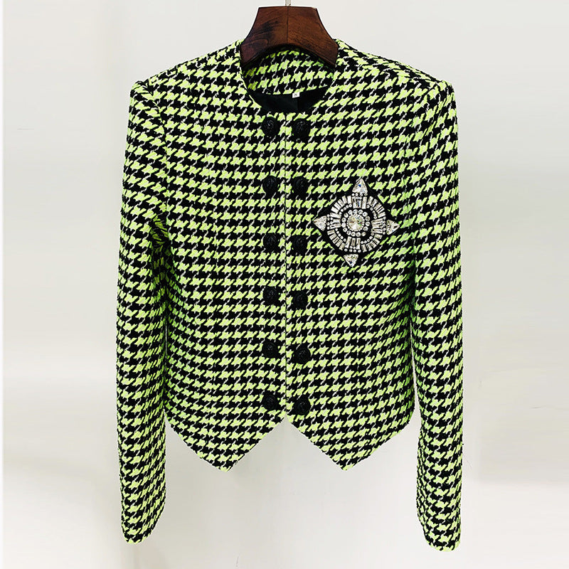 Fluorescent Green Houndstooth Jacket with Logo Embellishments