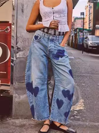 Casual Loose Mid-Rise Women's Denim Pants with Cartoon Patterns