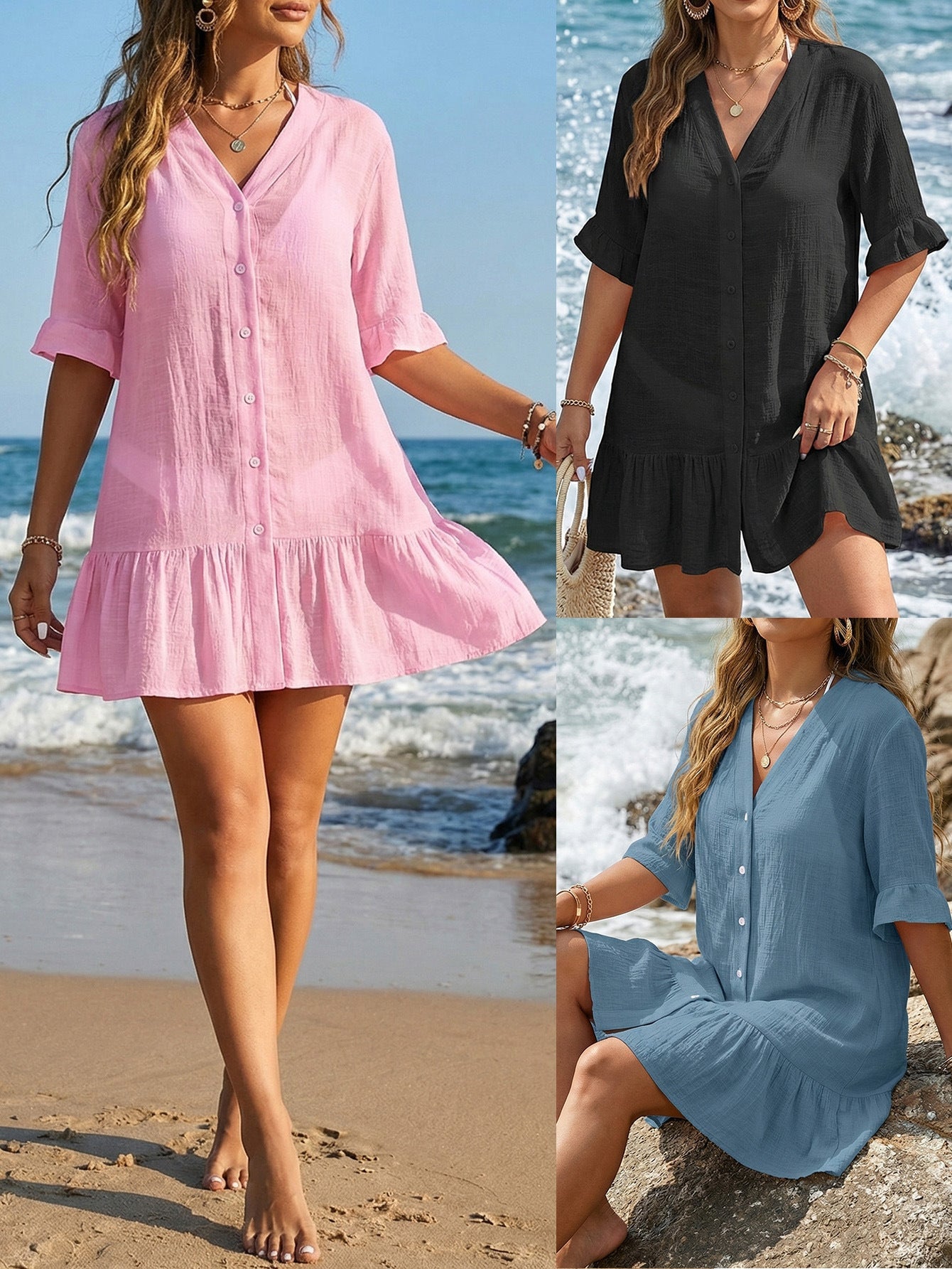 Women'S V-Neck Ruffle Hem Cardigan Dress