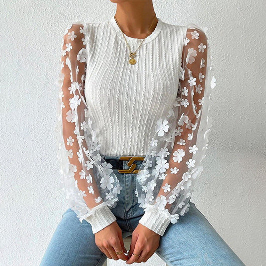 Women'S Mesh Small Flower Chiffon Shirt, Women'S Spring/Summer Round Neck Slimming Pullover Long Sleeved Top