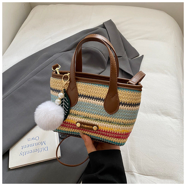 Colorful Woven Bucket Bag Stylish Casual Straw Handbag