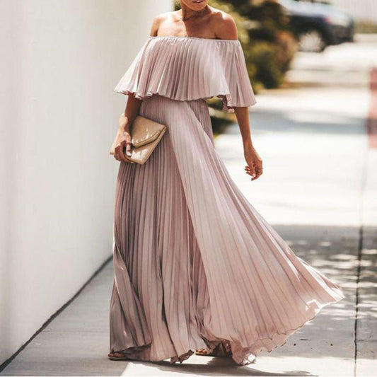 Women'S Long Skirt Sexy Off-The-Shoulder Pleated Chiffon Evening Dress
