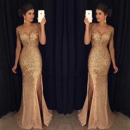 New Elegant V-Neck Sequin Maxi Dress