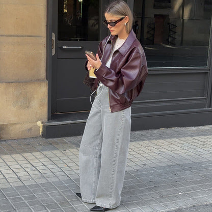 Burgundy Casual Pu Faux Leather Long Sleeve Jacket