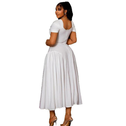 Elegant Solid Color Pleated A-Line Dress With V-Neck And Short Sleeves