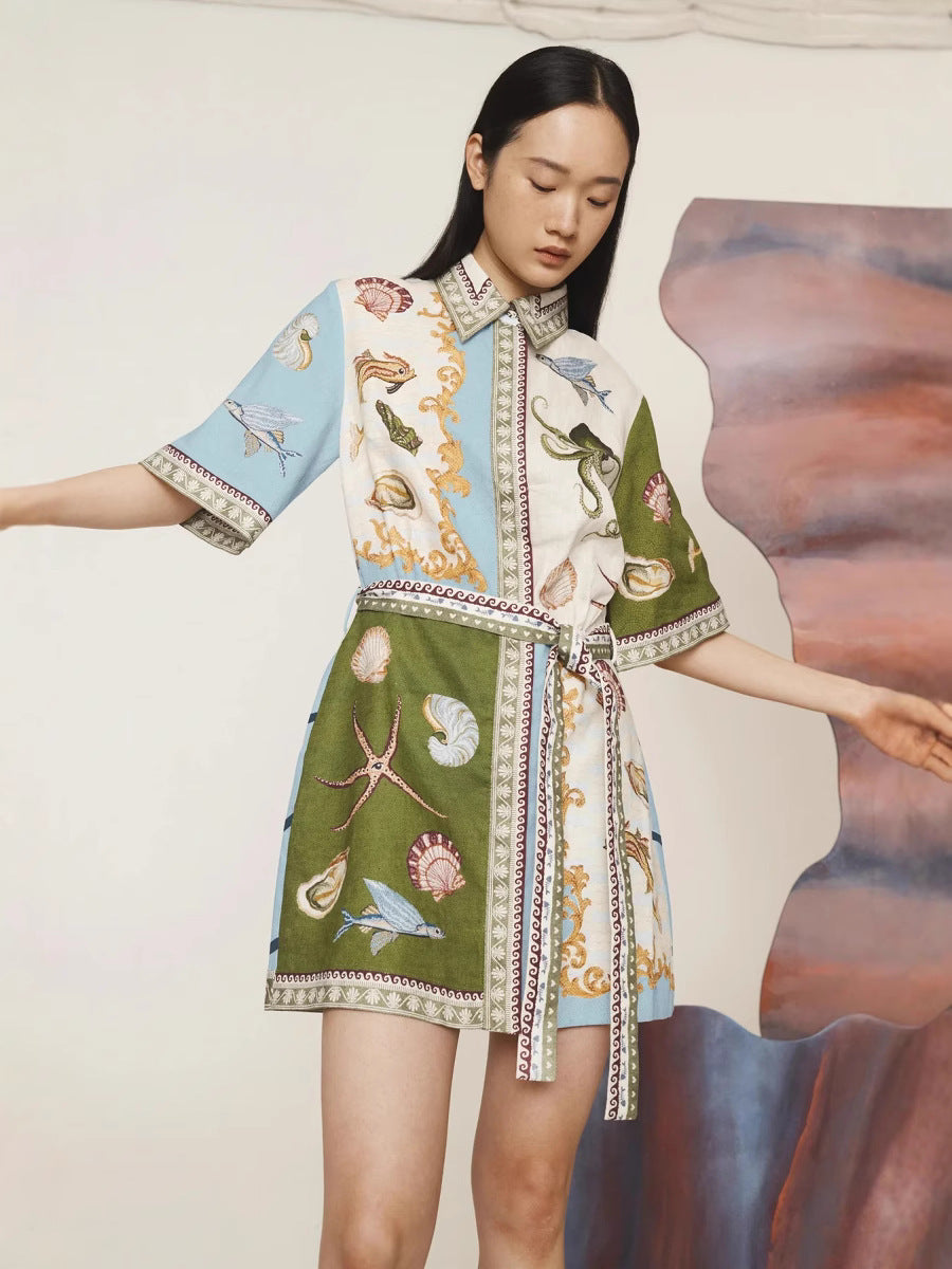 Casual Elegant Linen Shirt Dress with Animal Print