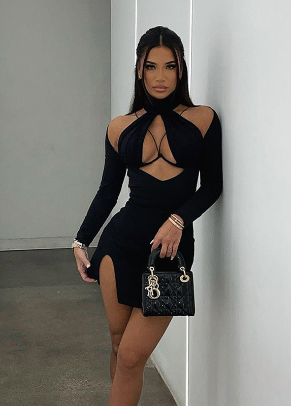 Cutout Long Sleeve Mini Dress In Stretch Fabric