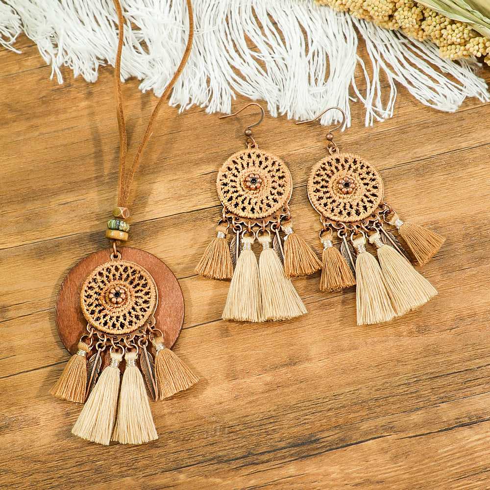 Bohemian Dreamcatcher Tassel Earrings and Wooden Necklace Set