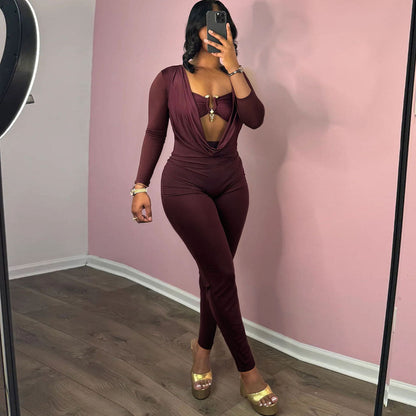 New Sexy Solid Color Jumpsuit With Wrap Neckline And Fitted Waist