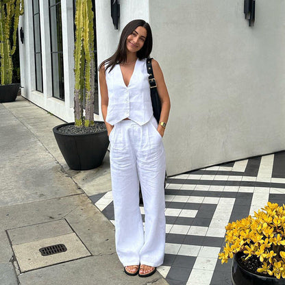 Casual Sleeveless Cotton Vest & Long Pants Set