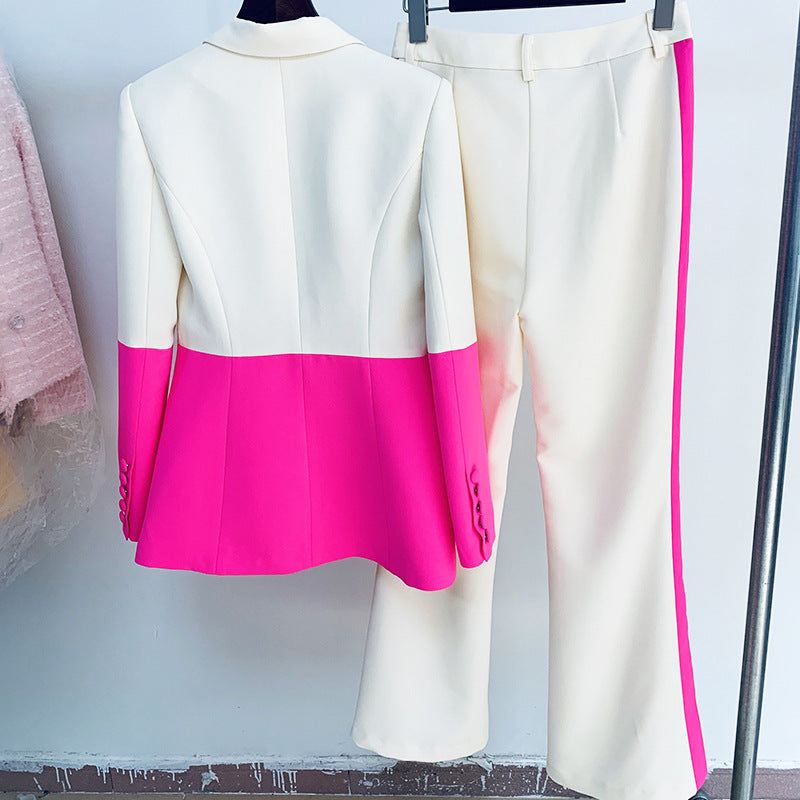 Trendy Color Block Blazer And Flared Pants Set