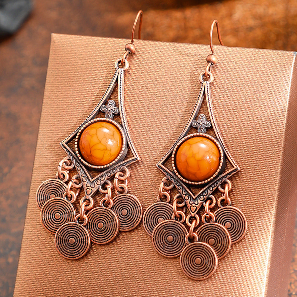 Bohemian Vintage Geometric Copper Tassel Earrings