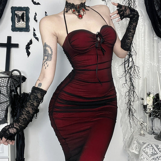 Black Red Halter Maxi Dress Unique Goth Style