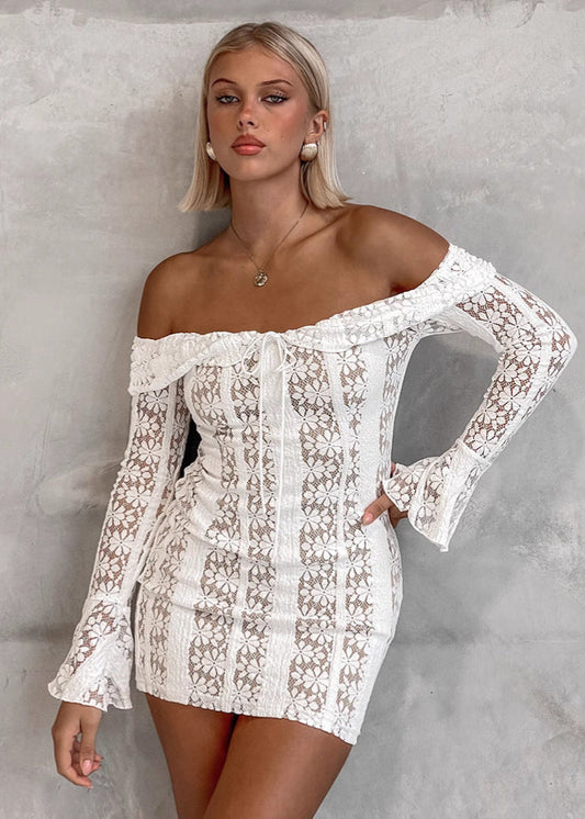 Off Shoulder Lace Bodycon Dress White Floral